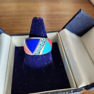 Thailand Multi-Stone Inlay Sterling Silver Ring With Geometric Design signed NF